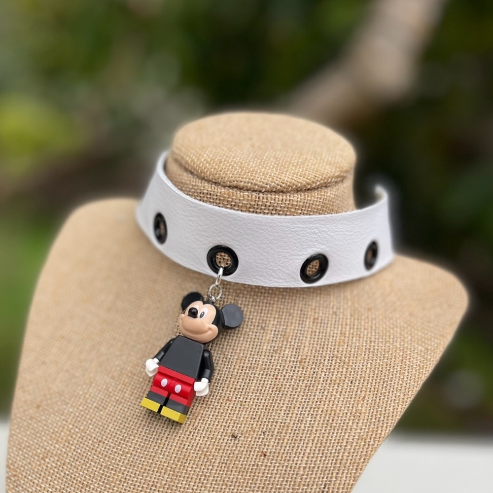 Mickey Mouse White Leather Choker Necklace